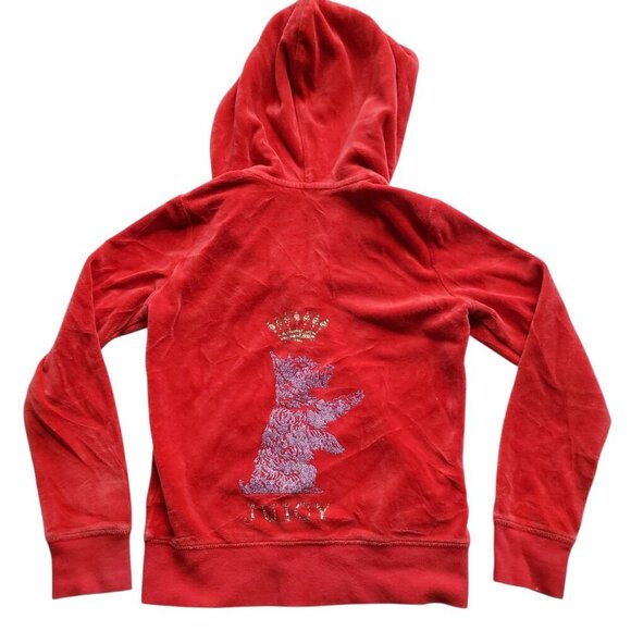 Juicy Couture Girl’s Red Velour Shiny Puppy Rhinestone Crown Graphic Hoodie 6/7 - Picture 4 of 12